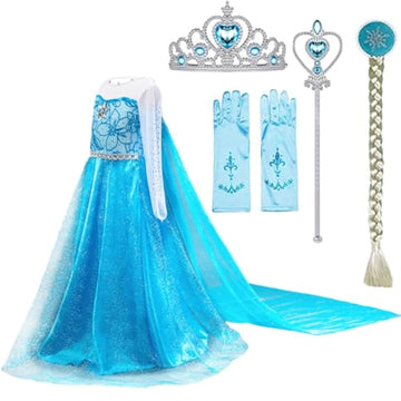 Sototoo Elsa Costume Long Sleeves Princess Dress Queen White Costume Cosplay Dress Up With Accessories Halloween (Blue,2-3Years)