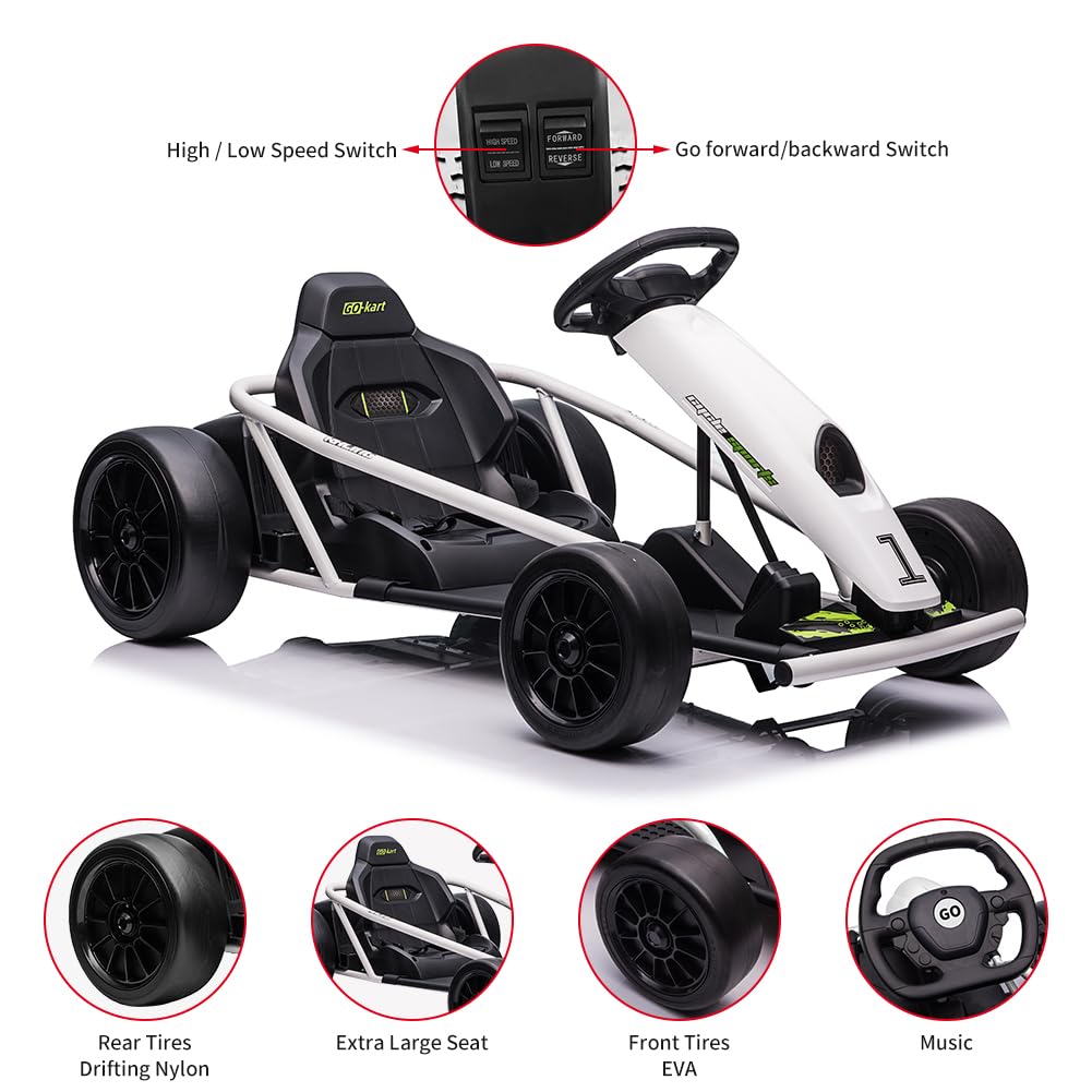 24V Go Kart for Kids 8-12 Years, 300W*2 Extra Powerful Motors, 9Ah Large Battery 8MPH High Speed Drifting with Music, Horn,Max L