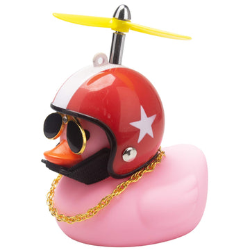 Wonuu Pink Duck Car Decorations - Rubber Duck Car Ornaments With Propeller Helmet Sunglasses & Gold Chain (Red Hat White Star)