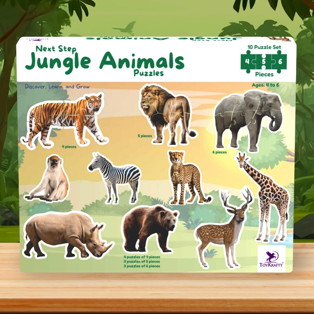 Toykraftt Jungle Animal Puzzles For Kids Age 3 4 5 Years | 4, 5 & 6 Piece Progressive Jigsaw Puzzle Set | Educational Montessori