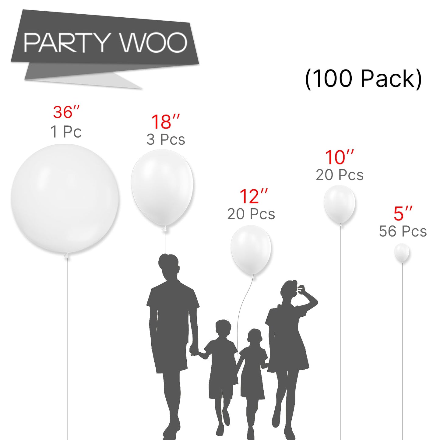 Partywoo White Balloons, 100 Pcs Matte White Balloons Different Sizes Pack Of 36 Inch 18 Inch 12 Inch 10 Inch 5 Inch White Balloons For Balloon Garland Or Balloon Arch As Party Decorations, White-Y13