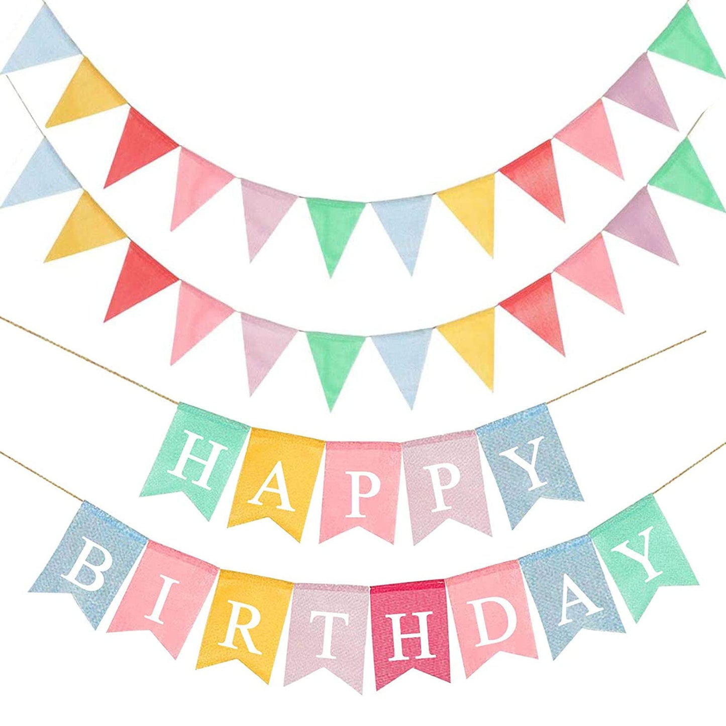 LifePassion Happy Birthday Banner with 24pcs Pennant Banner Flags, Assembled Durable Imitated Burlap Banner, Pastel Rainbow Birt