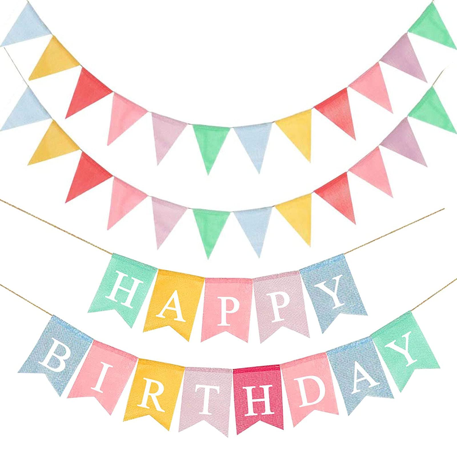 LifePassion Happy Birthday Banner with 24pcs Pennant Banner Flags, Assembled Durable Imitated Burlap Banner, Pastel Rainbow Birt