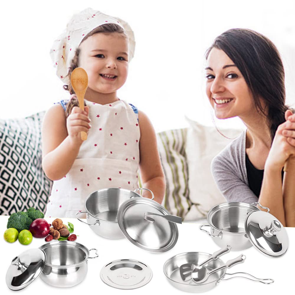 Pretend Play Kitchen Cooking Toys with Stainless Steel Cookware Play Pots and Pans Set