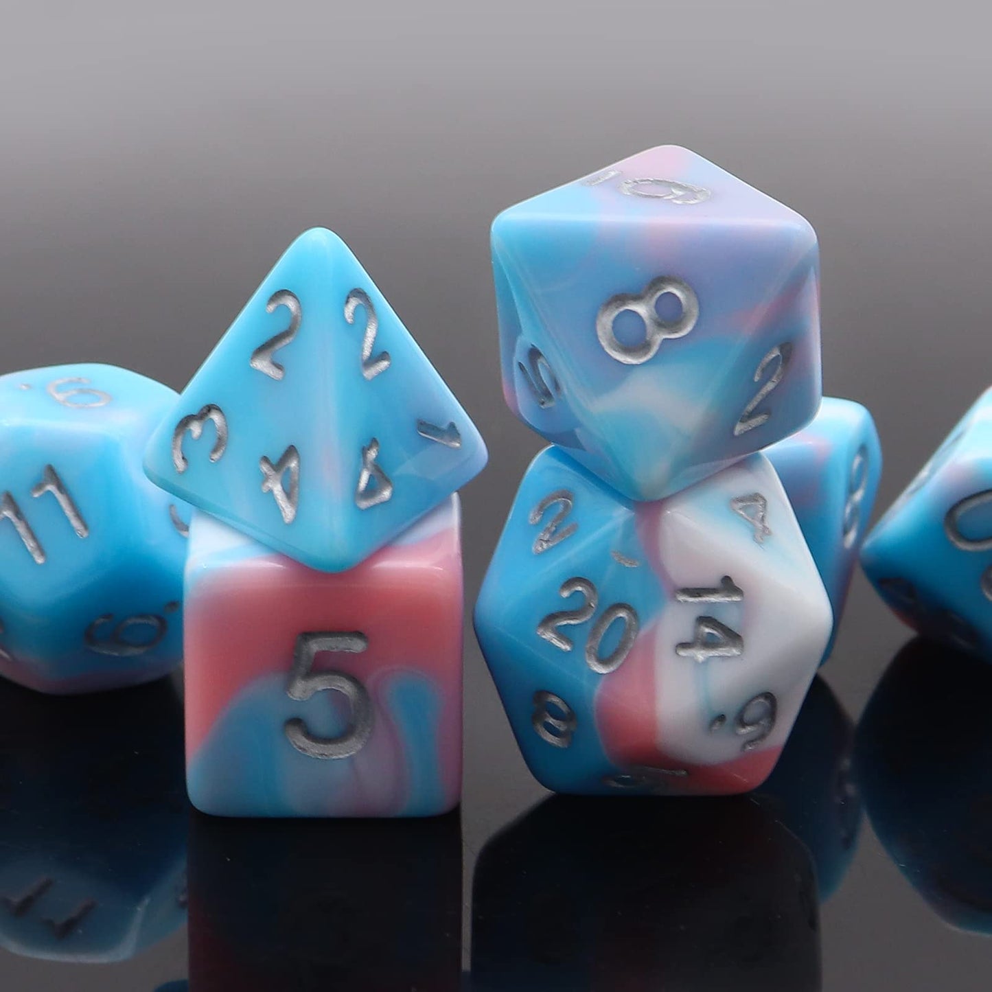 PJOY DND Dice Set 7PCS Blue Pink White D&D Polyhedral Dice with Velvet Dice Bag for Role Playing Dice Games as Dungeons and Drag
