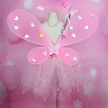Purfeel Girls Led Light Up Angel Wings Kids Butterfly Wings Costume 4Pcs Sets Pink