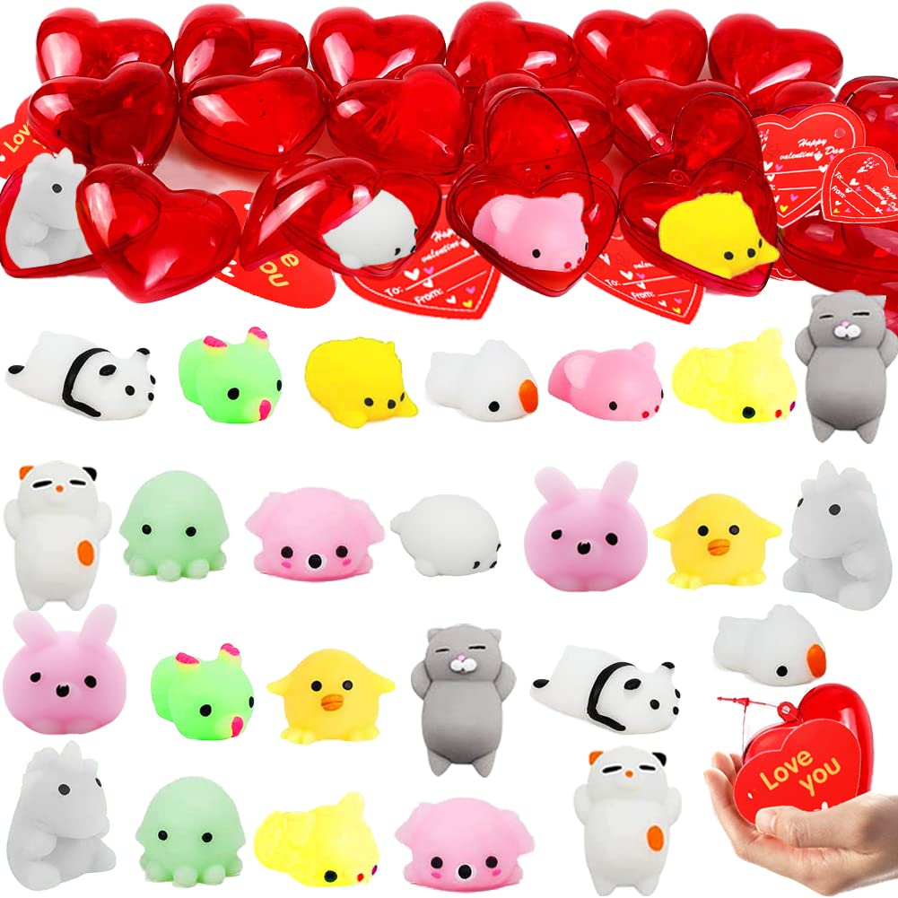 Valentines Party Favors Set, 28 Pcs Mochi Squishies Toys Filled Hearts And Valentines Day Cards For Kids Valentine'S Day Exchange Gift, Kawaii Stress Relief Anxiety Toys For Valentine Basket Stuffers
