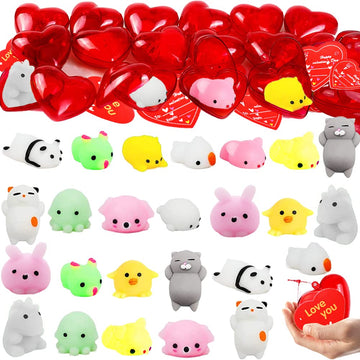 Valentines Party Favors Set, 28 Pcs Mochi Squishies Toys Filled Hearts And Valentines Day Cards For Kids Valentine'S Day Exchange Gift, Kawaii Stress Relief Anxiety Toys For Valentine Basket Stuffers