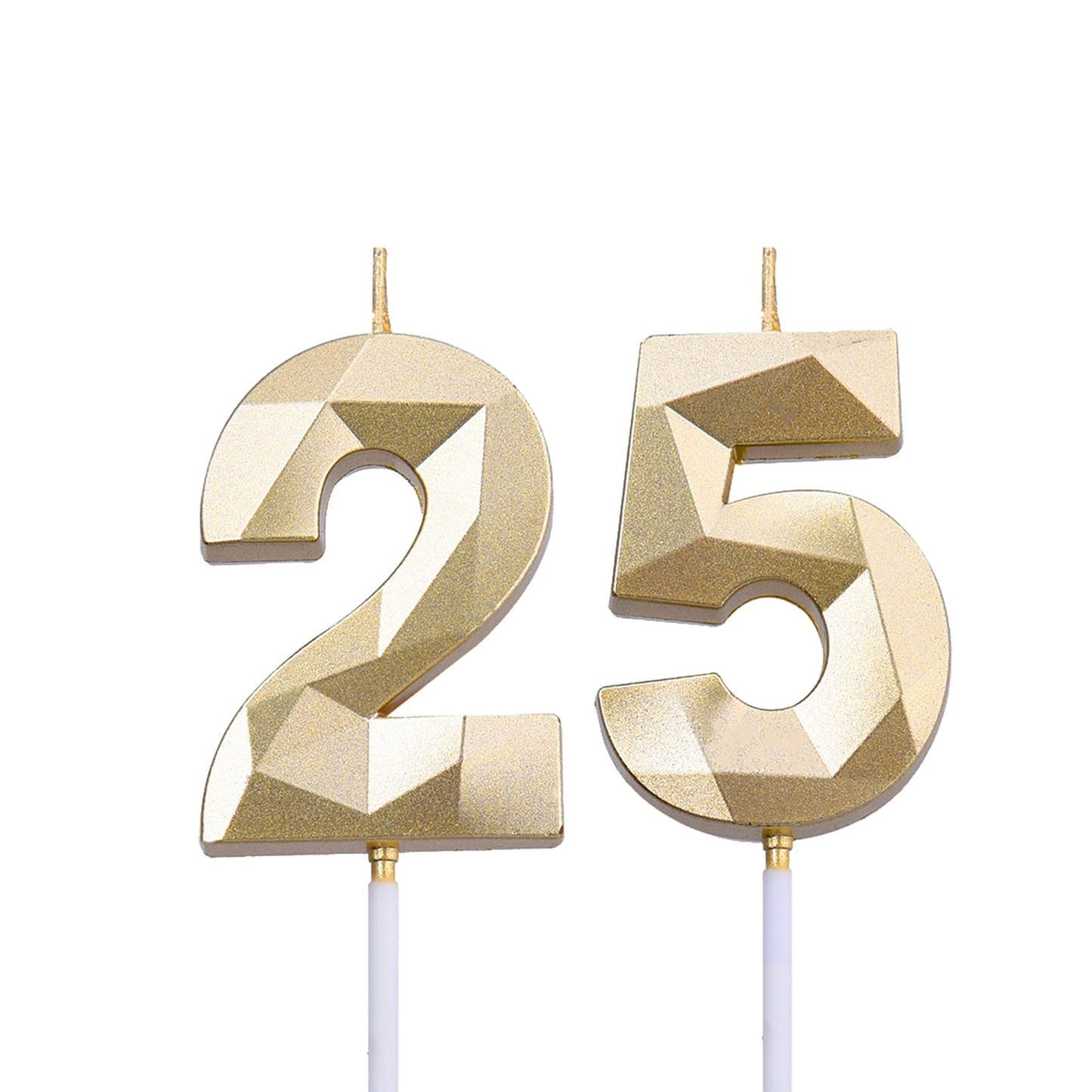 2 inch Gold 25 & 52 Birthday Candles, 3D Diamond Number 25th & 52nd Cake Topper for Men Women Birthday Party Decorations Theme P