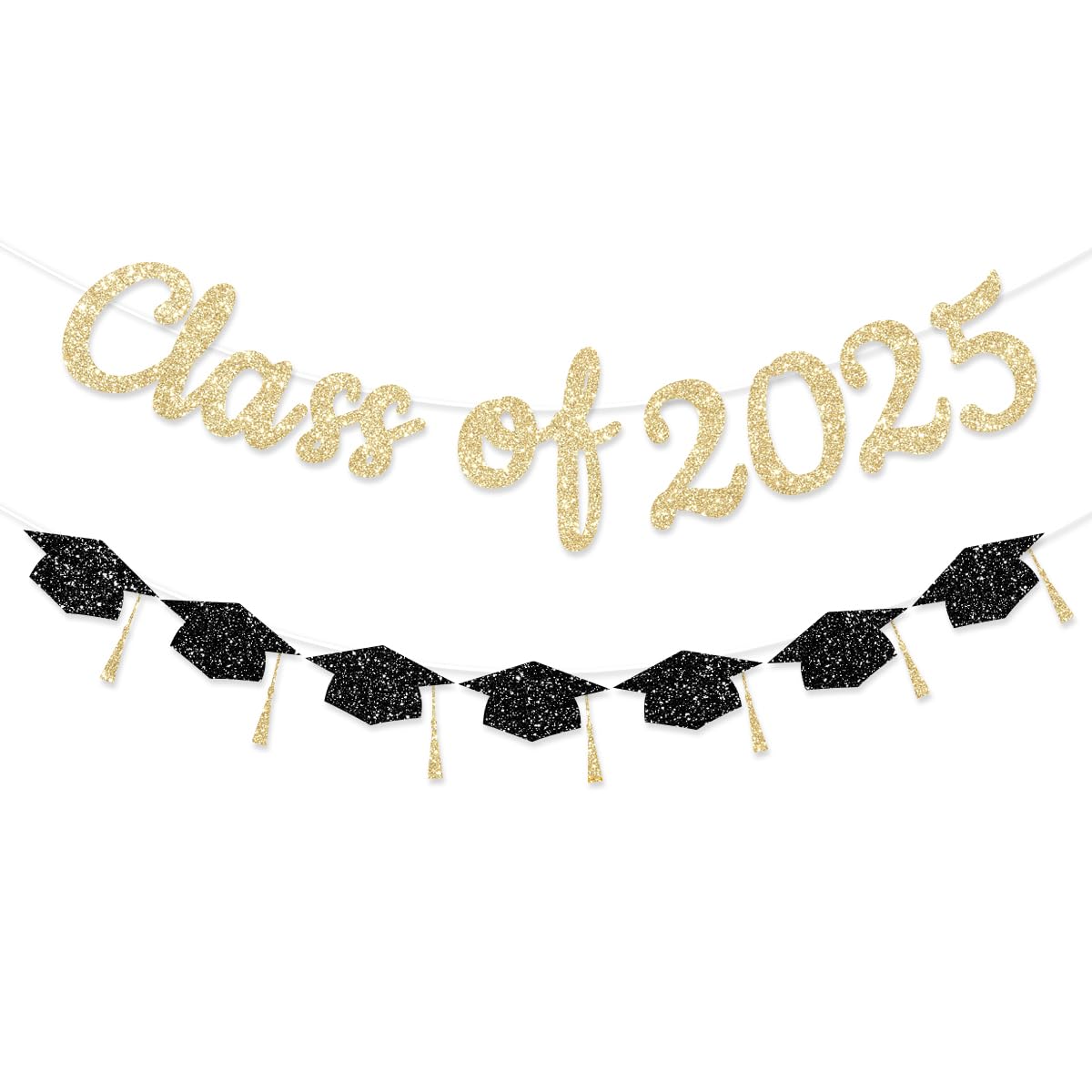 FHGG Pre Strung Class of 2025 Banners Party Decorations Gold Glitter Graduation Congratulation Banners Congrats Grad Decor Garla