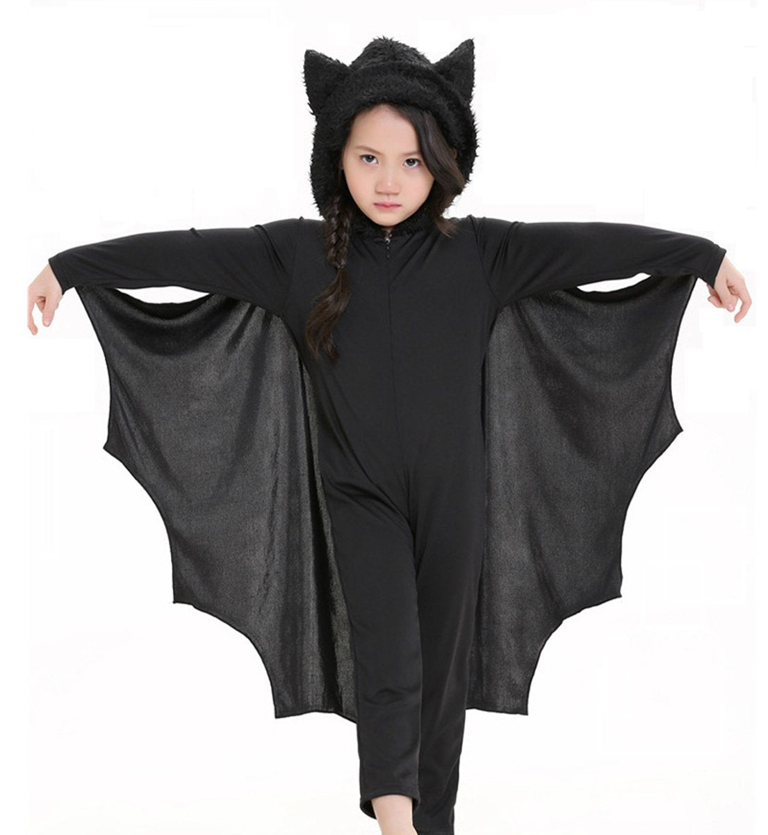 Cooljoy Kids Unisex Vampire Bat Costume, Jumpsuit Halloween Cosplay Costume, Party Animal Costume Outfits, Long Section,With Gloves (M) Black