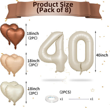 Biapian 40 Inch Cream Number 40 Balloons, 8Pcs Giant Foil Number 4 & 0 Balloons With 18'' Cream White Heart Balloon For 40Th Yea