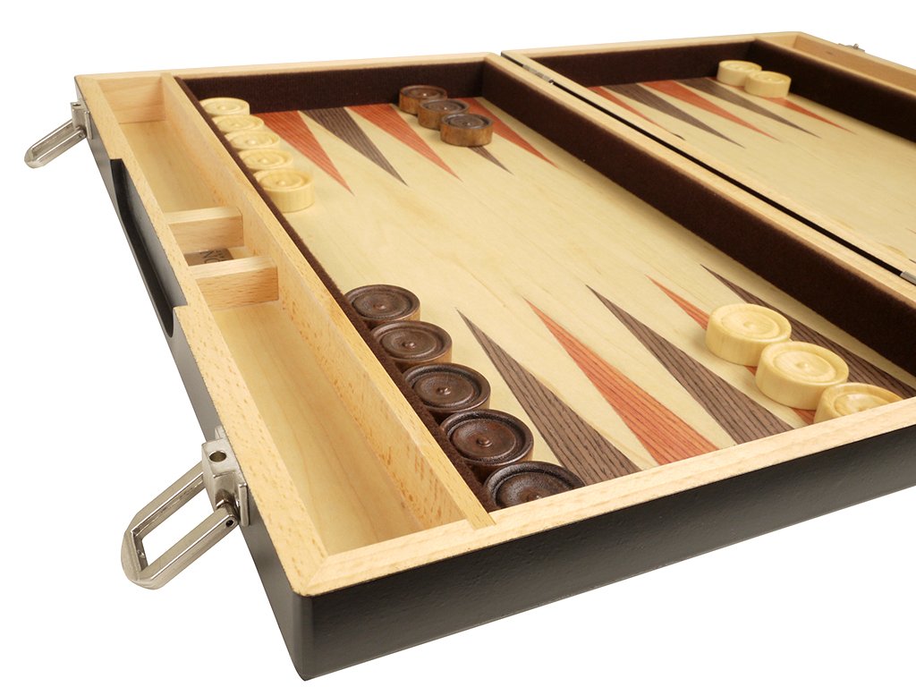 15-Inch Wood Backgammon Set - Black/Zebra Wood Board - Oak Inlaid Wood Field