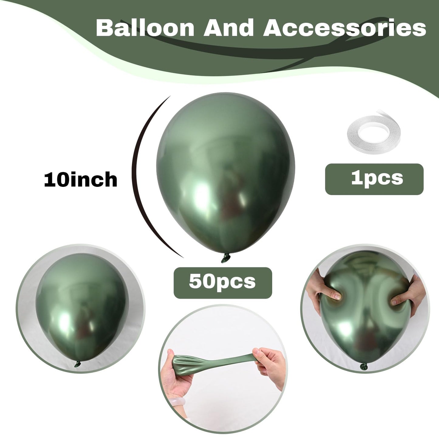 Jobkoo Green Metallic Balloons, 50Pcs 10Inch Chrome Dark Green Balloons Metallic Retro Sage Olive Green Party Balloons Hunter Gr