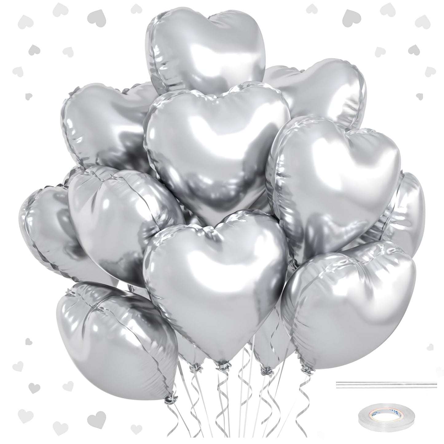 12 Pcs Heart Balloons, 18 inch Silver Heart Shaped Balloons, Big Heart Mylar Helium Balloons, Heart Love Foil Balloons for Weddi