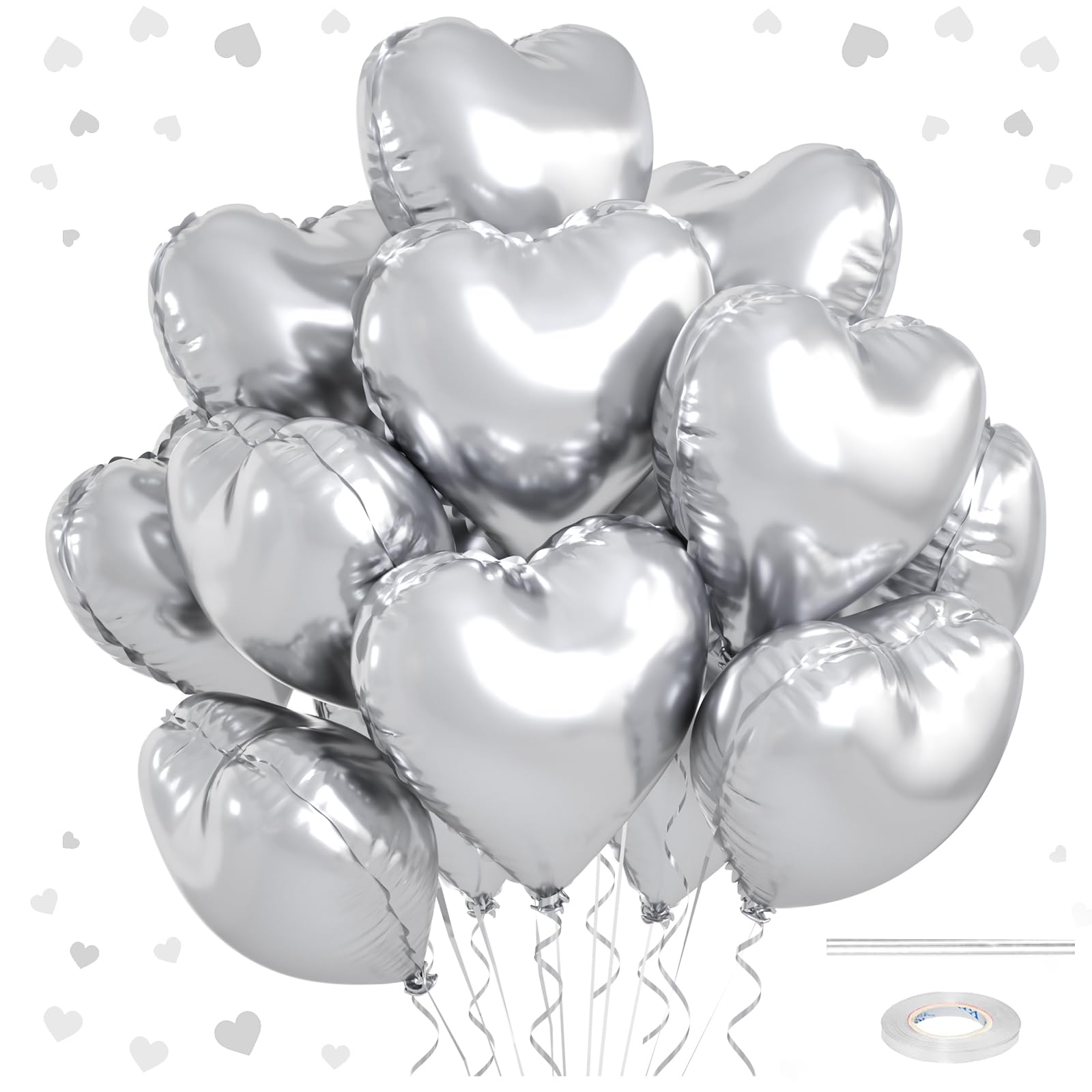 12 Pcs Heart Balloons, 18 inch Silver Heart Shaped Balloons, Big Heart Mylar Helium Balloons, Heart Love Foil Balloons for Weddi