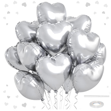 12 Pcs Heart Balloons, 18 inch Silver Heart Shaped Balloons, Big Heart Mylar Helium Balloons, Heart Love Foil Balloons for Weddi