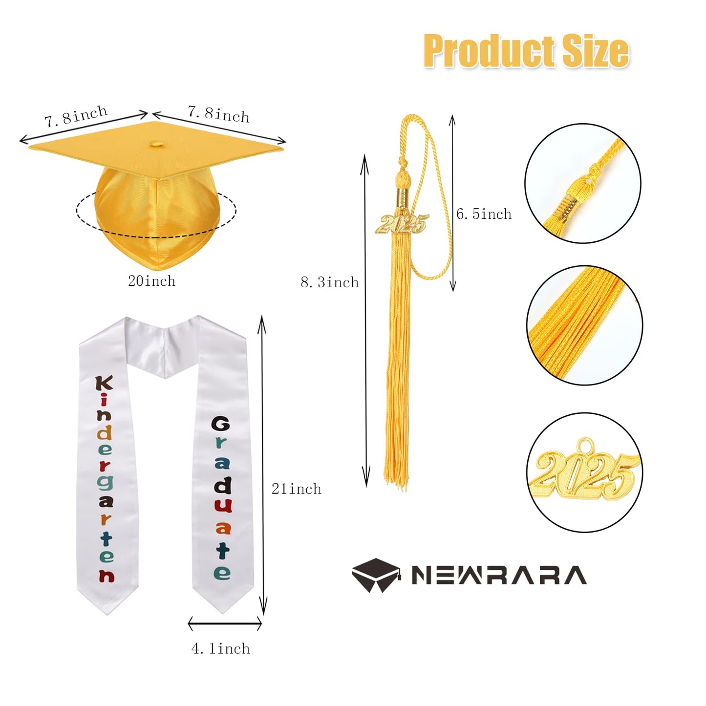 Newrara Kindergarten Graduation Cap and Gown Stole Package for Kids (Gold, 33)