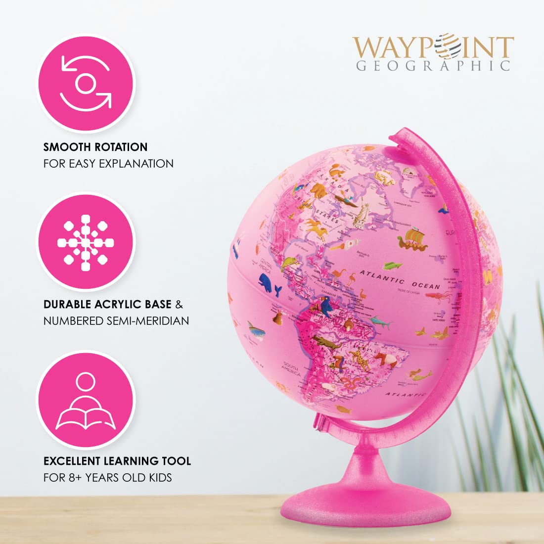 Waypoint Geographic Safari Explorer Animals Globe, World Globe, 10” Illuminated Desktop Globe With Physical Earth And 100S Of Illustrated Animals, Pink