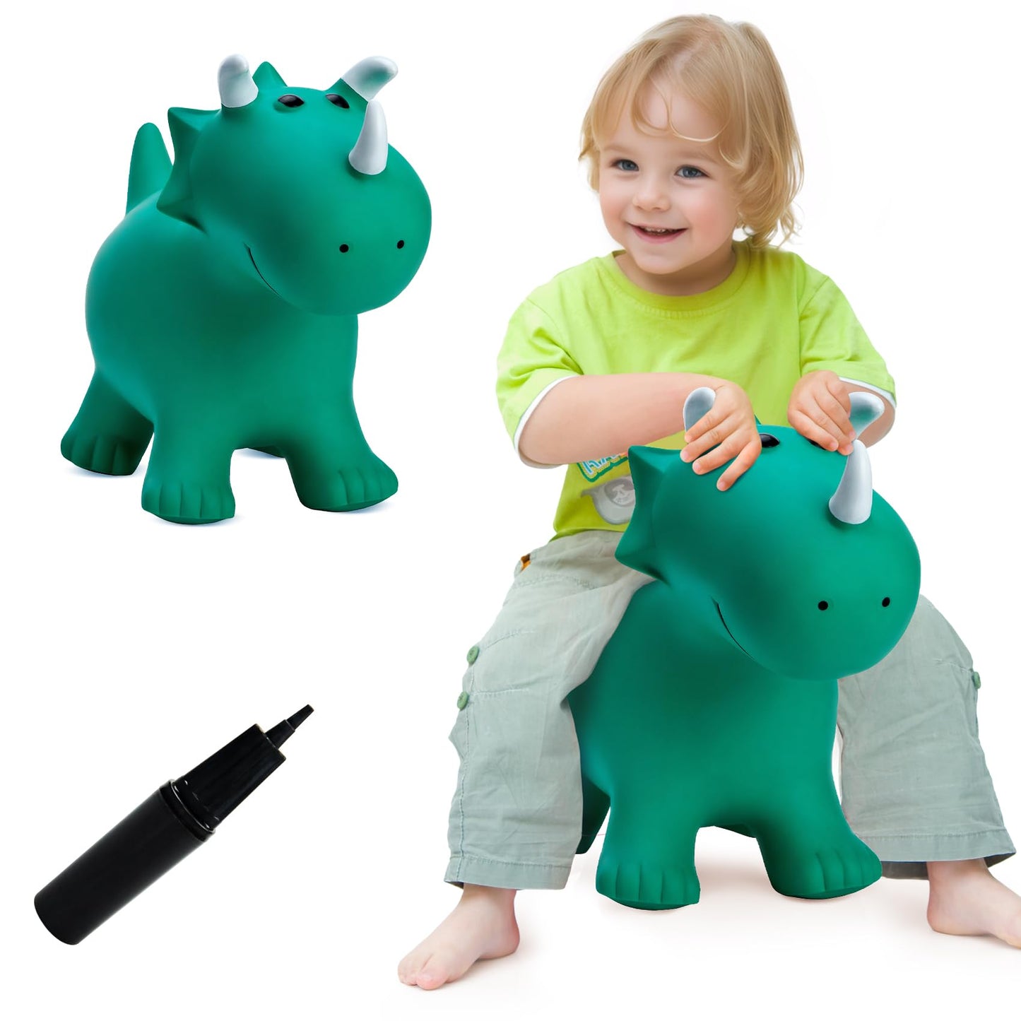 VangeBow Dinosaur Bouncy Animal - Green Triceratops Hopper Toy for Toddlers 3+, PVC, Indoor/Outdoor, First Birthday Gift