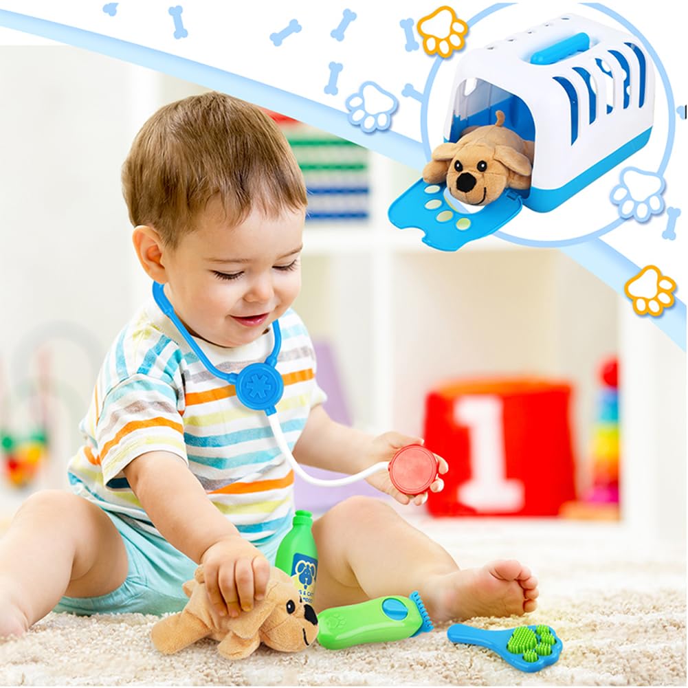 Deluxe Complete Vet Pet Care Play Set | Veterinarian Pretend Doctor Role Play Grooming Toy Kit with Plush Dog & Cat (34 Pcs)