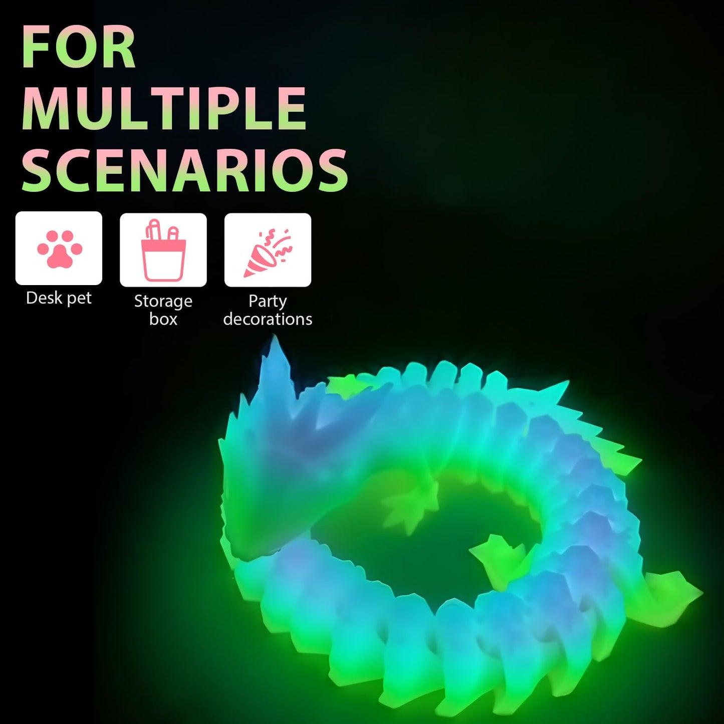 Fuwkeo 5" Dual-Color 3D Printed Dragon Egg with 12" Flexible Crystal Dragon - Luminous Rainbow Mythical Gift