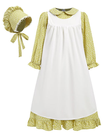 Raindewll Pioneer Dresses For Girls Prairie Colonial Costume Long Sleeves Laura Ingalls Pilgrim Costume Green 7-8Y