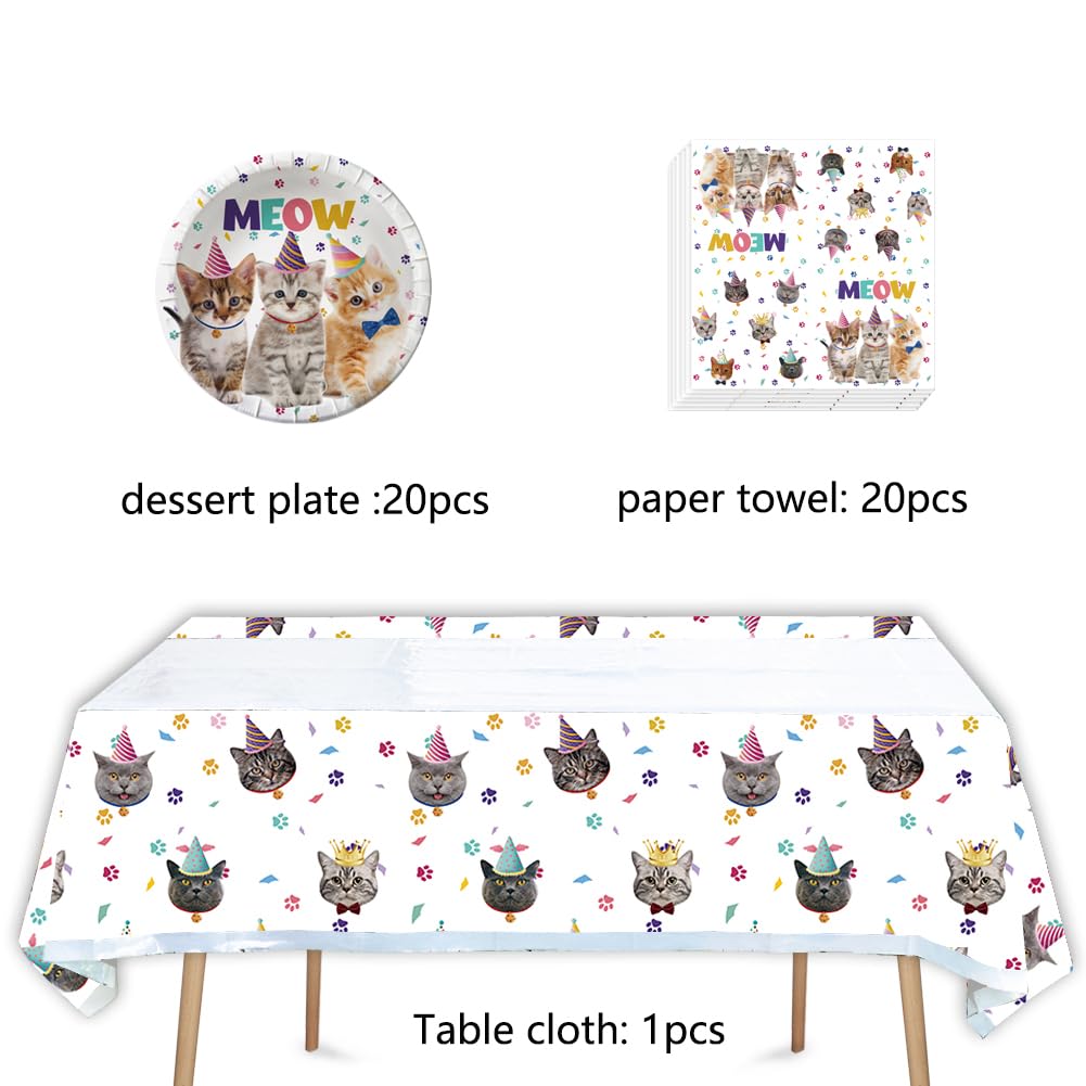 41Pcs Cat Party Supplies,Include 20 Plates, 20 Napkin And 1Pcs Tablecloth,Used For Birthday Party Decoration (Cat Eee)