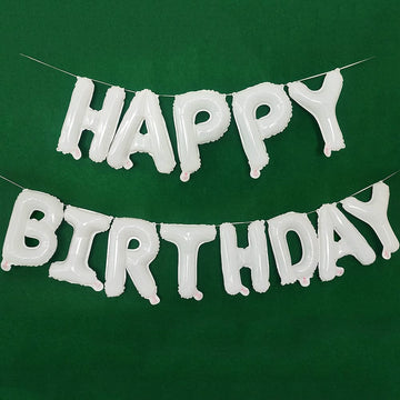Toniful White Happy Birthday Balloons Banner With Ribbon Straw, 16 Inch Mylar Foil Letters Birthday Sign Banner Balloon Bunting