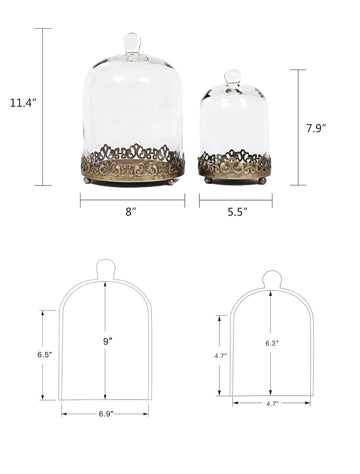 12' Tall Large Sturdy Handmade Glass Cloche Dome With Metal Base 11.4' H X 8' And 8' H X 5.5' In Set Of 2 In Gold For Plant, Terrarium, Collectibles, Candle. Cloche Glass Dome, Bell Jar Display Case