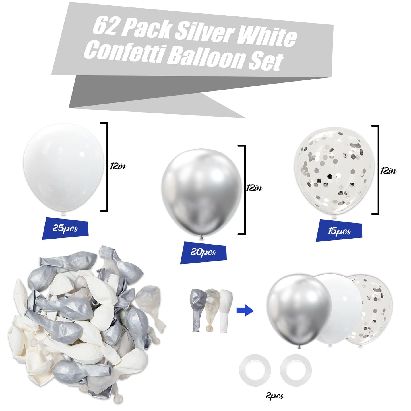 62Pcs Party Decorations Balloons Kit - 12 Inches Silver White Confetti Party Balloons For Graduation Birthday Wedding Party Baby Shower Decoration Supplies