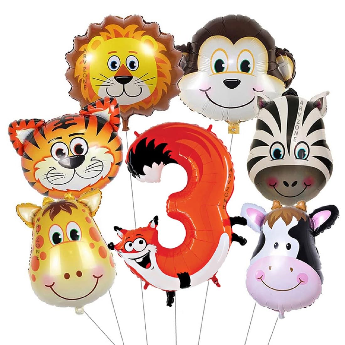3rd Jungle Safari Theme Balloons with Animal Face and 3 Number Shape Foil Balloon for Kids Birthday Party Decorations for Boys G