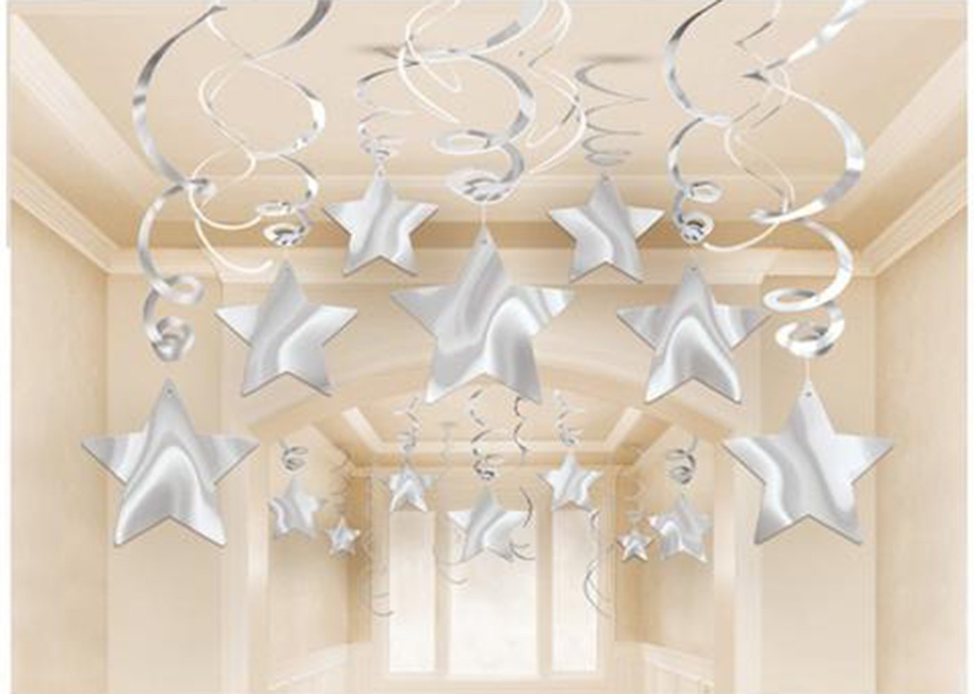 Aimtohome Party Swirl Decorations, Hanging Swirl For Ceiling Decorations, Silver With Star, Pack Of 30