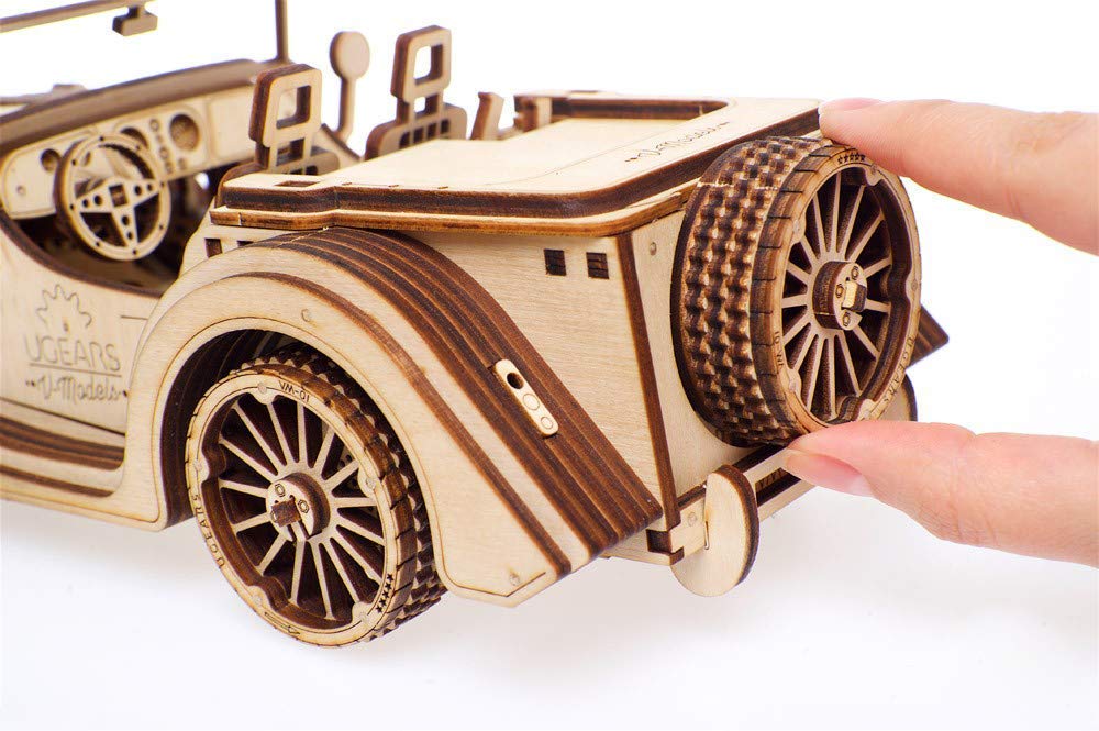 UGEARS VM-01 Roadster Vehicle - 3D Wooden car DYI - Fun Projects for mature-themeds- 3D Mechanical Working Model Idea - Plywood Material with Transmission Integrated - Great Gift for Car Lovers