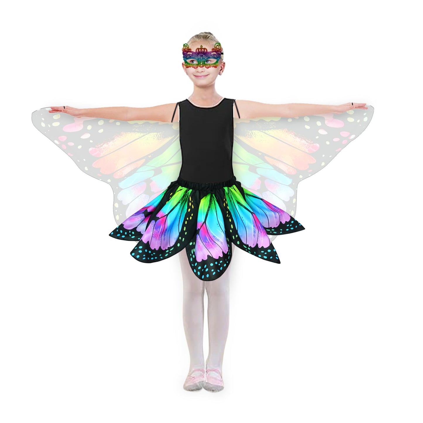 Sunlisky Kids Butterfly Wings Costume For Girls Fairy-Wings Mask Party Favors Gifts (Rainbow+Skirt Sets)
