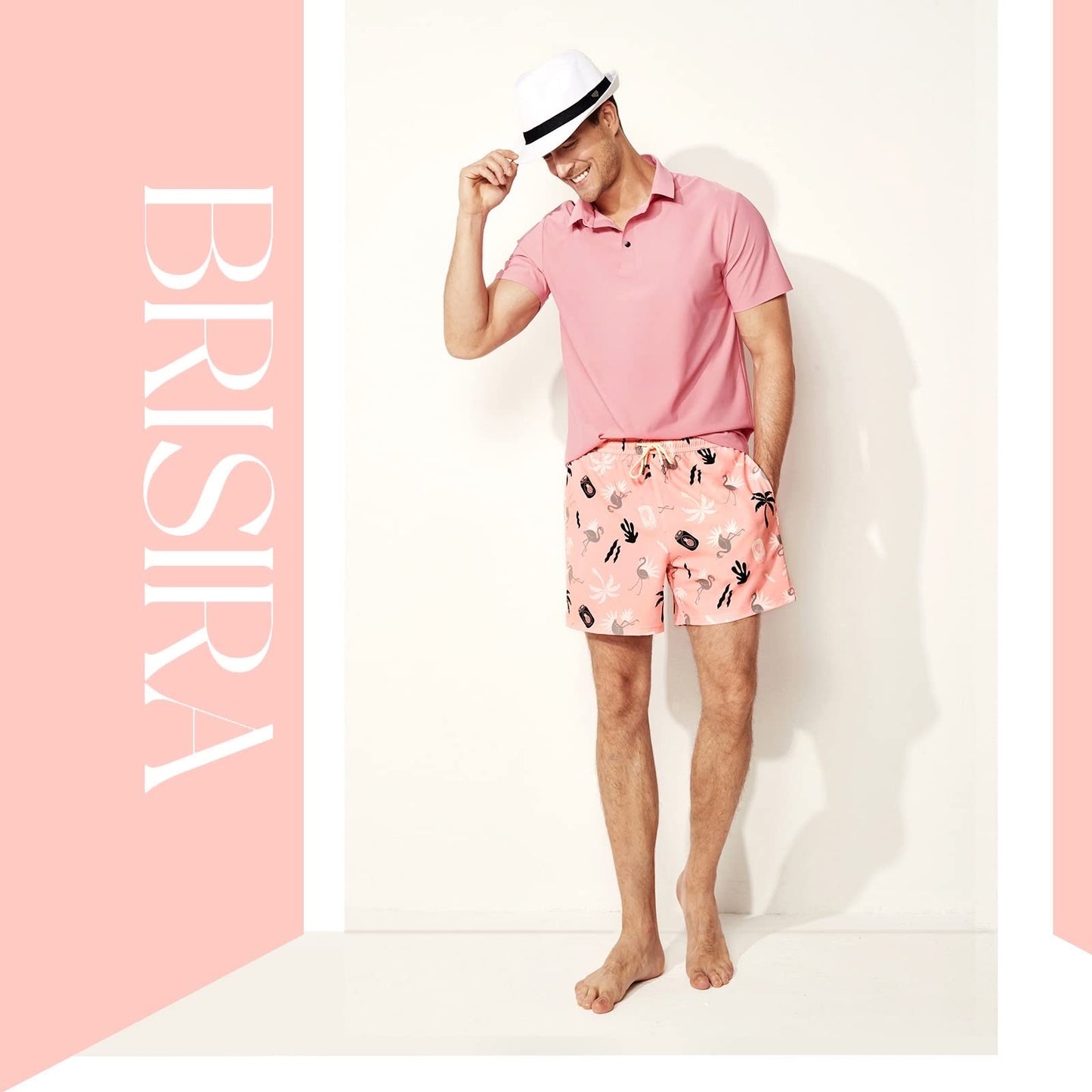 BRISIRA Swim Trunks Men Quick Dry Swim Shorts 5 inch Inseam Stretch Water Beach Shorts with compression Liner Zipper Pocket Pink