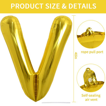 Toniful 40 Inch Large Gold Letter V Balloons Helium Balloons,Foil Mylar Big Balloons For Birthday Party Anniversary Supplies Dec
