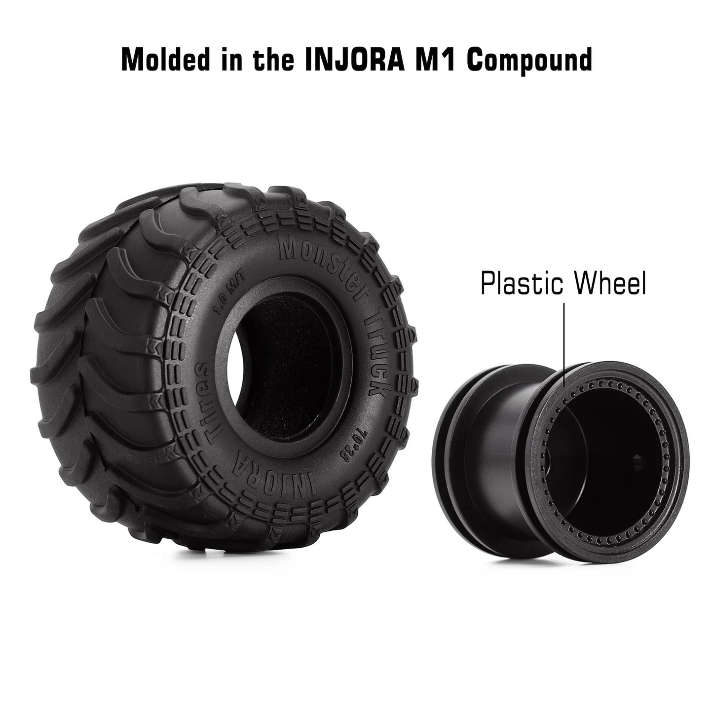 INJORA Monster Truck Wheel Rim Tires Set for Axial SCX24 FMS FCX24 and TRX4MT, 70 * 38mm, MT1012(Black)