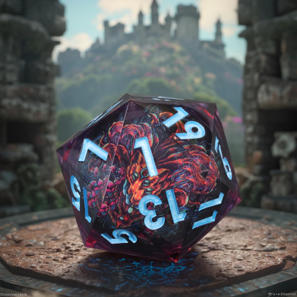 Mini Planet 50mm Large Chonk D20 Liquid Core Giant Polyhedral Sharp Edges RPG Table Games Dice E19 LED Fire Fox