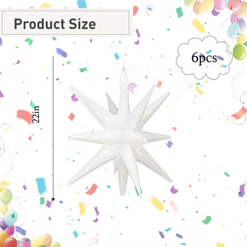 6 Pcs White Star Foil Balloons One-Piece 14-Pointed Star Balloons 4D Starburst Cone Mylar Balloons 22Inch Christmas Birthday Wed
