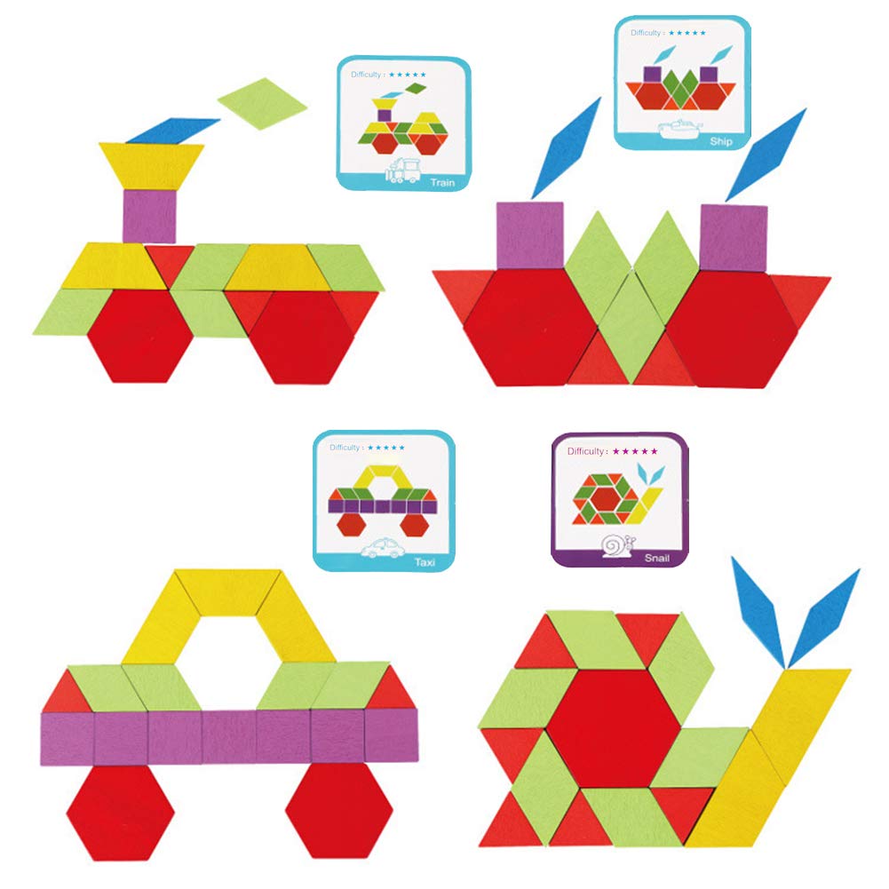 Lovestown 209 Pcs Wooden Pattern Blocks, Geometric Shapes Blocks Pattern Blocks With Cards Tangram Puzzles For Kids Educational Tangram Toys