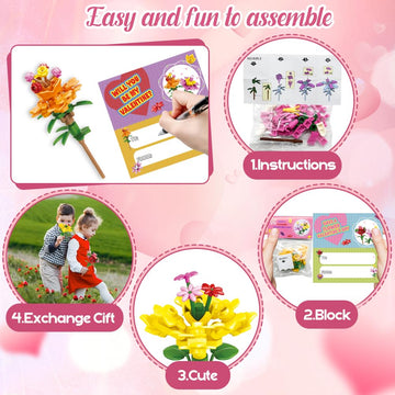 Umeelr 24 Pack Valentines Day Gifts For Kids, Flowers Bouquet Building Blocks With Valentines Day Cards, Valentine'S Classroom G