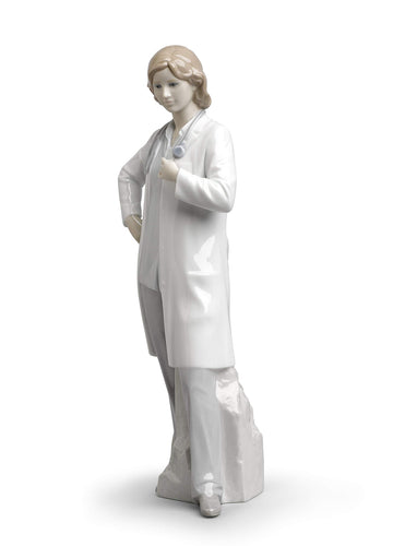 Lladró Glossy Porcelain Female Doctor Figurine. Decorative Porcelain Woman Figure.