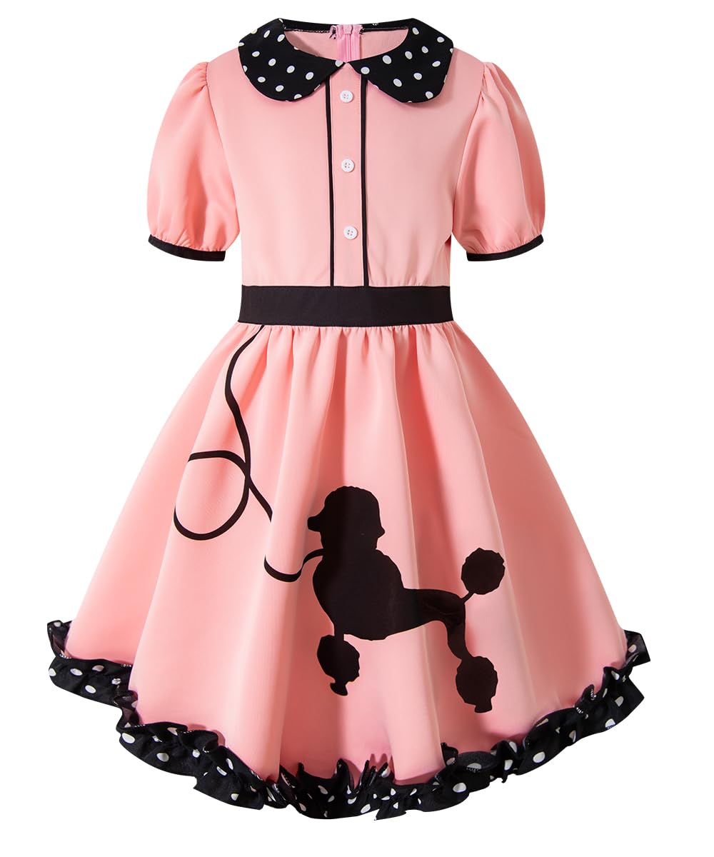IWALUE Kids Girls 1950s Poodle Party Dresses Halloween Costume Skirt Set Dress Up(Pink,7-8 Years)