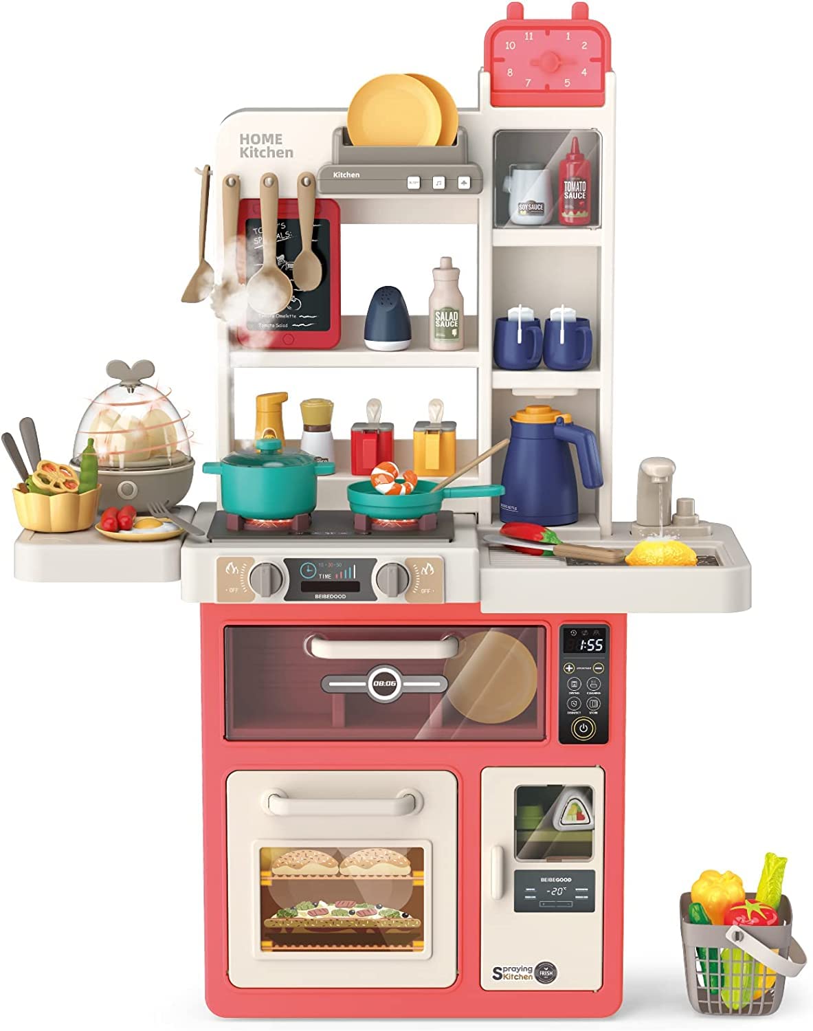Kitchen Toy for Girl Kitchen Playset Pretend Food 63 PCS for Toddlers Kids, Toy Accessories Set w/Real Sounds & Light, Play Si