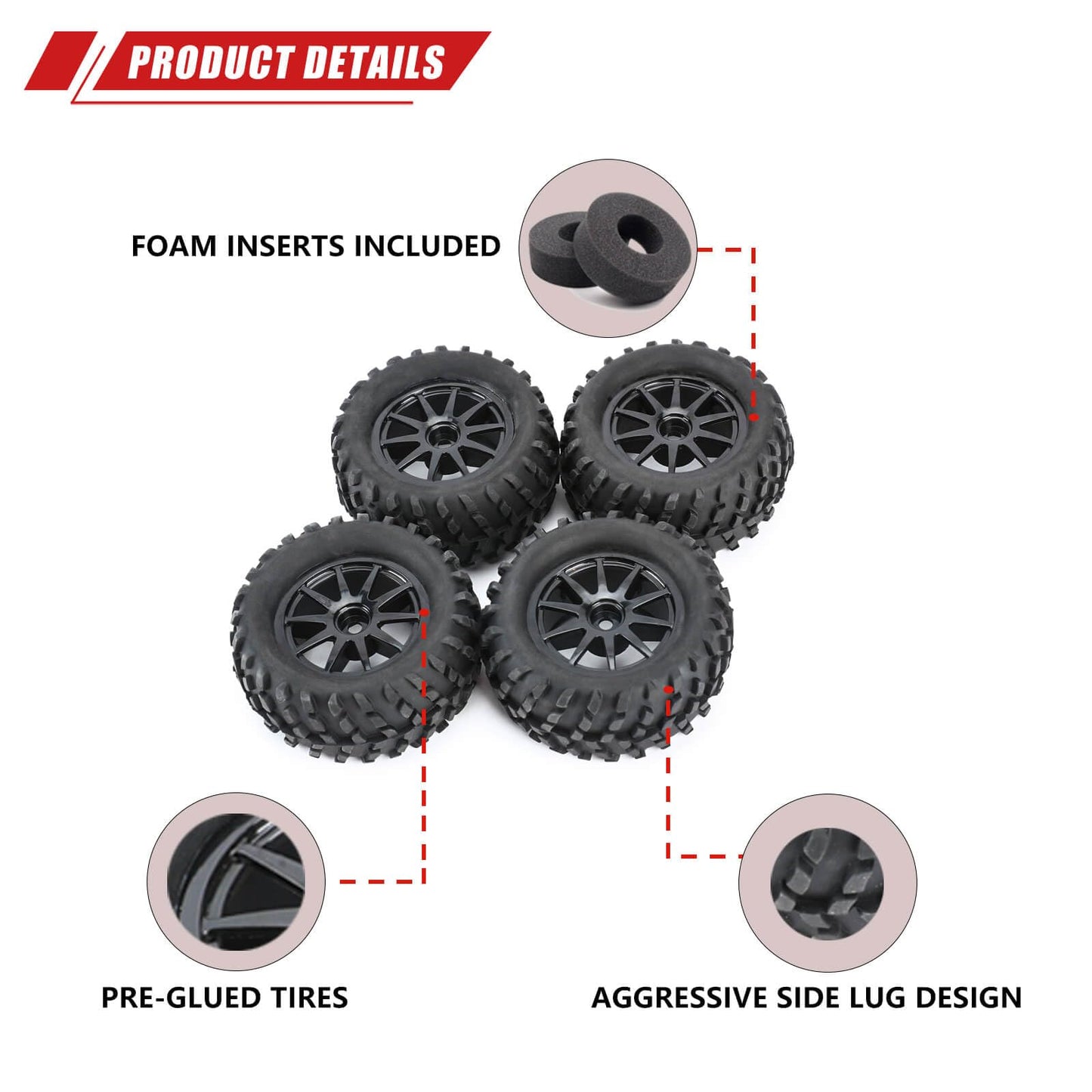 Rcawd 30% Upgrades 12Mm Hex Adapter Wheel Tire Set Pre-Glued For 1/16 1/18 Monster Truck Rubber Nylon With Foam Inserts Parts Fo