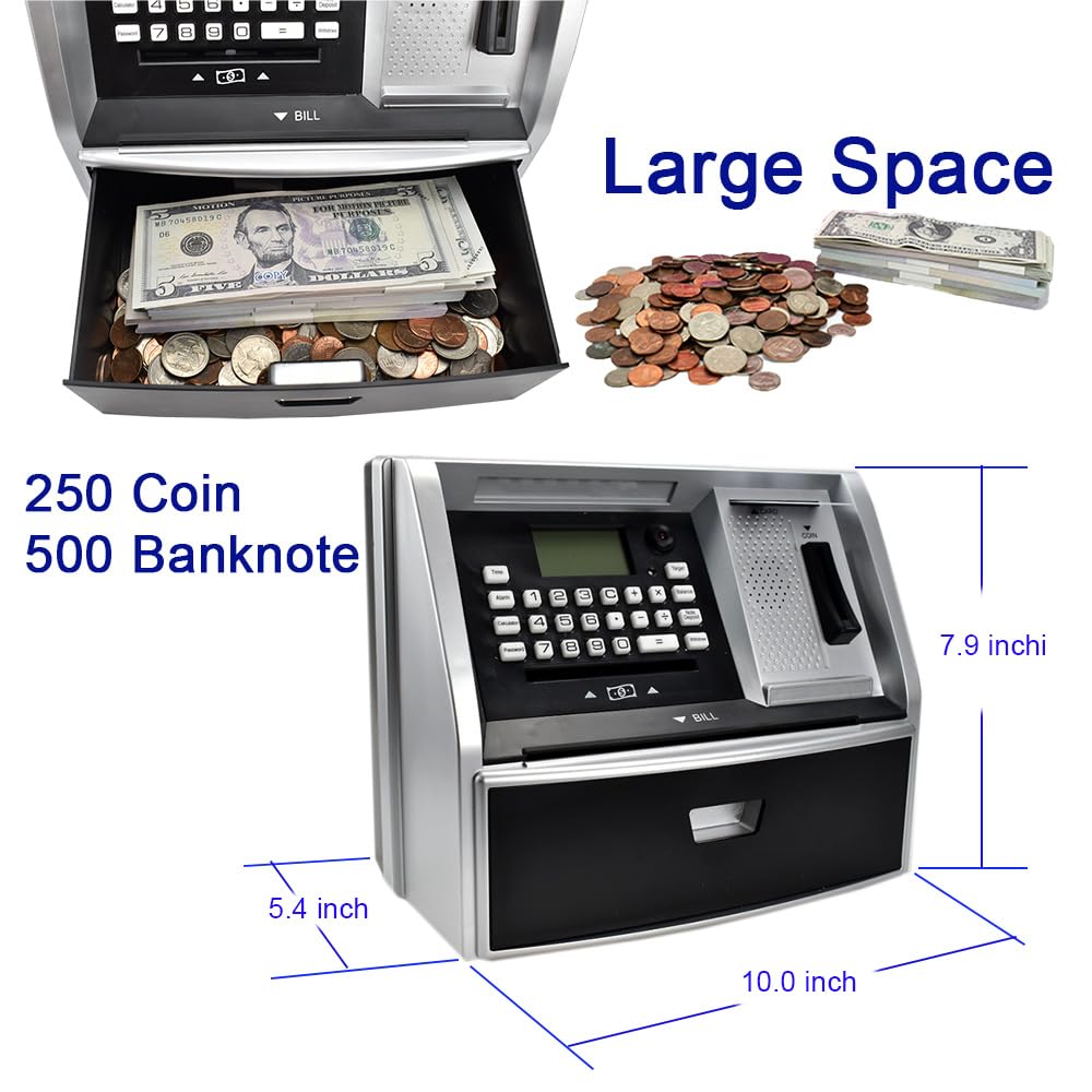 Atmbnk Electronic Piggy Bank For Girls And Boys - Count, Learn, And Achieve Financial Goals With This Cute And Secure Toy Bank For Kids Ages 6-12! (Black/Silver)