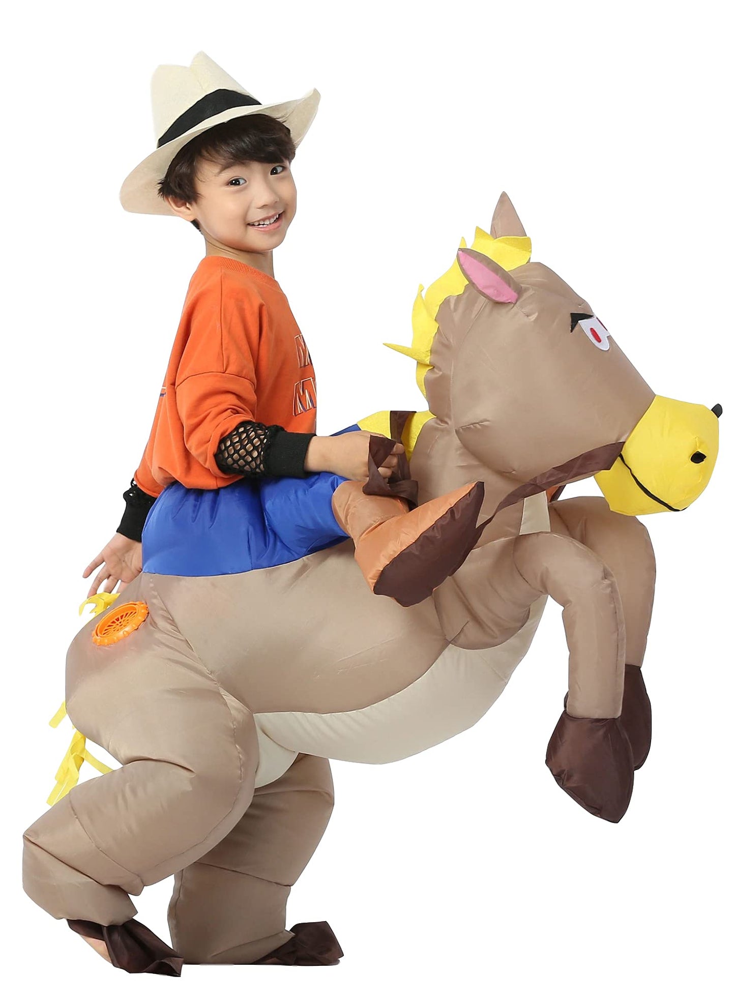 JYZCOS Inflatable Cowboy Costume for Kids Western Horse Rider Fancy Dress Halloween Party Suit (Brown Kid)