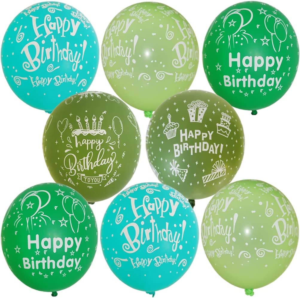 52 Pcs Green Birthday Balloons With Birthday Party Pattern Children'S Birthday Balloons Decoration Suitable For Girls Boy Birthd