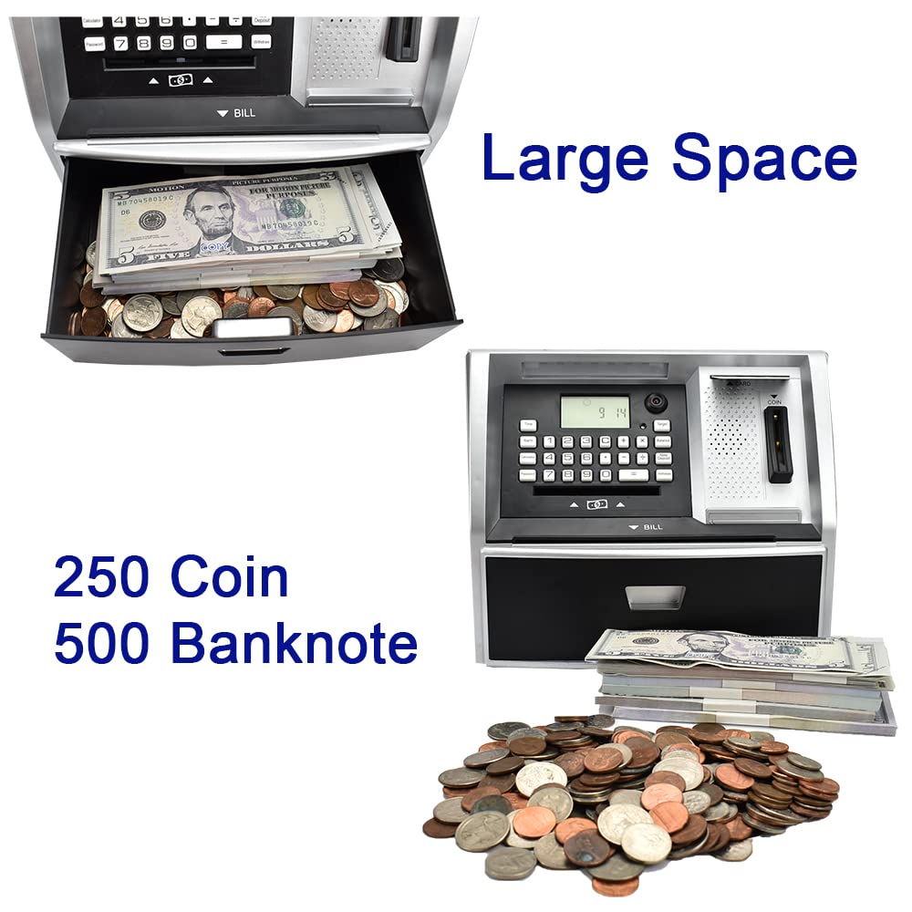 ApgBnk ATM Savings Bank - Electronic Piggy Bank with Debit Card, Coin Recognition, 10 x 5.4 x 7.9 inches, Black/Silver, Model G972E